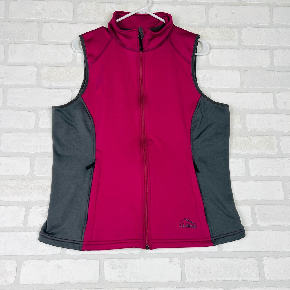 LL Bean Womens L PET Softshell Vest Magenta Pink Gray Zip Fleece Lined 284614